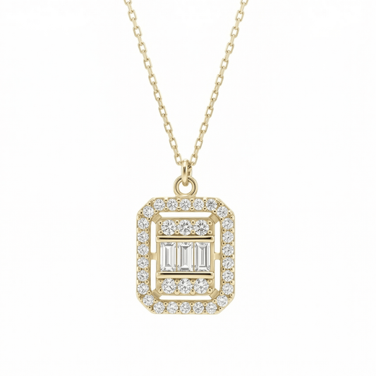 Pavé Baguette Necklace in 14K solid gold: three baguette CZ in a frame of round CZ on a rectangular pendant.