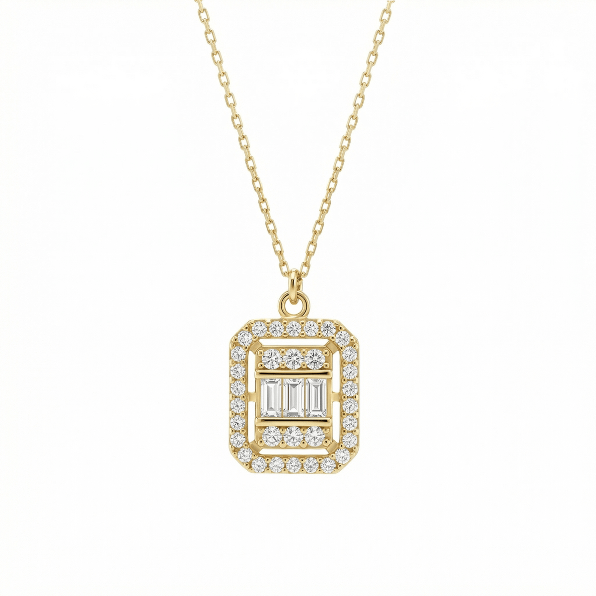 Pavé Baguette Necklace in 18K Gold Vermeil with CZ Diamond. Tarnish-resistant, perfect for daily wear.