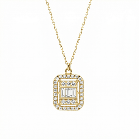 Pavé Baguette Necklace in 18K Gold Vermeil with CZ Diamond. Tarnish-resistant, perfect for daily wear.