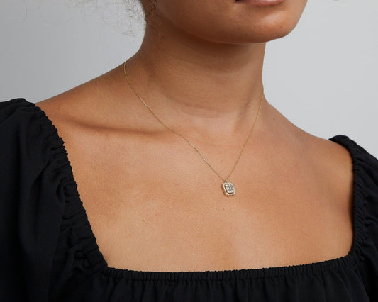 Close detail of the Pavé Baguette Necklace in 18K Gold Vermeil with CZ Diamond. Safe for sensitive skin, premium handmade.