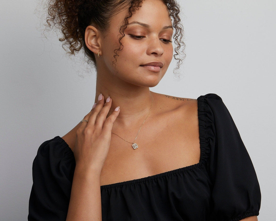 The Pavé Baguette Necklace styled in 18K Gold Vermeil — elegant everyday jewelry. Hypoallergenic, no green marks.