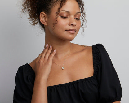 The Pavé Baguette Necklace styled in 18K Gold Vermeil — elegant everyday jewelry. Hypoallergenic, no green marks.