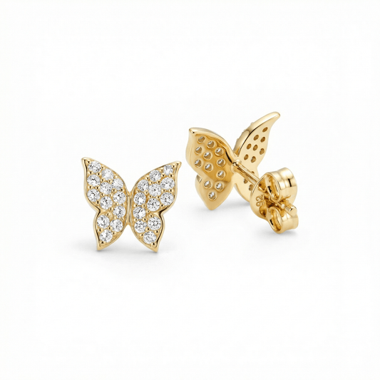Pavé Butterfly Earrings in 18K Gold Vermeil with CZ Diamond. No green marks, perfect for daily wear.