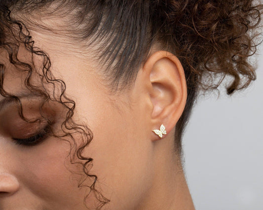 Close detail of the Pavé Butterfly Earrings in 18K Gold Vermeil with CZ Diamond. Tarnish-resistant, premium handmade jewelry.