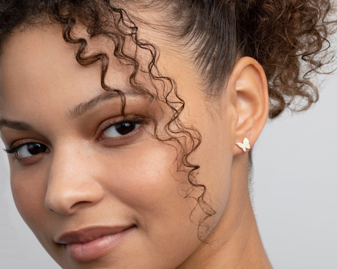 The Pavé Butterfly Earrings styled in 18K Gold Vermeil — elegant everyday jewelry. Hypoallergenic for sensitive ears.