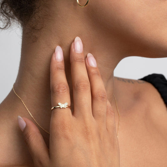 Close detail of the Pavé Butterfly Ring in 18K Gold Vermeil with CZ Diamond. Hypoallergenic, no green marks, premium.