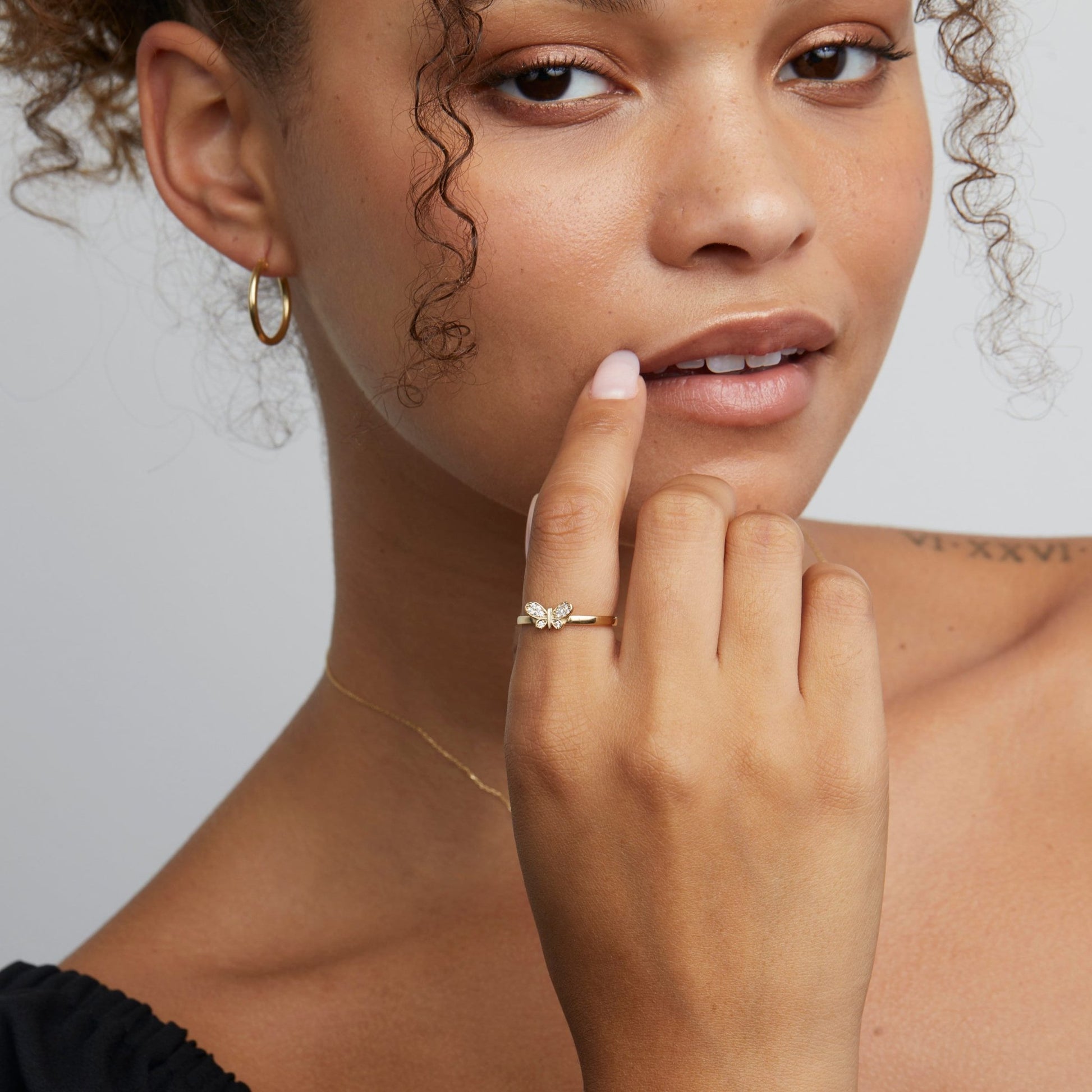 The Pavé Butterfly Ring styled in 18K Gold Vermeil — elegant everyday jewelry. Tarnish-resistant.