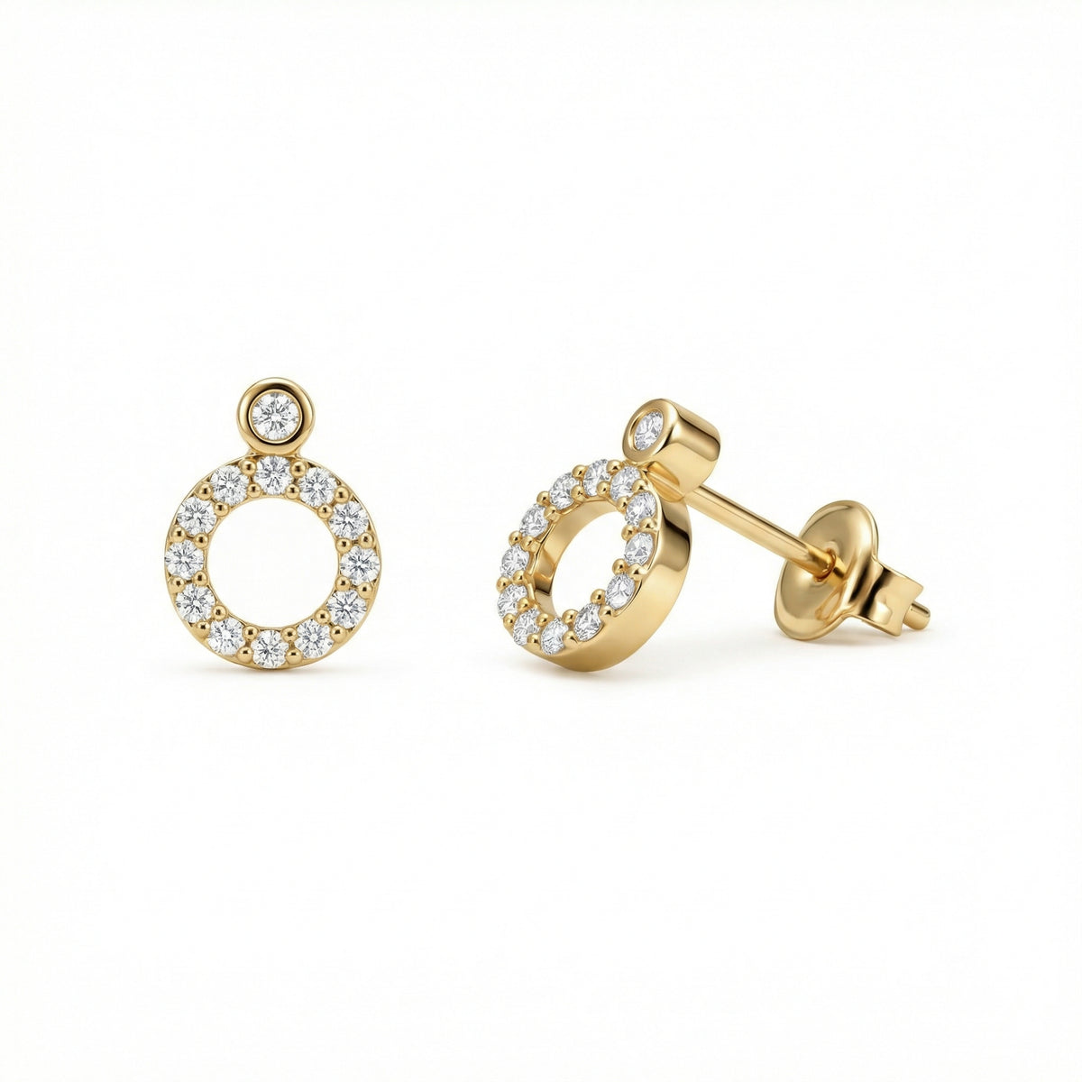 Pavé Circle Stud Earrings in 18K Gold Vermeil with CZ Diamond. No green marks, perfect for daily wear.