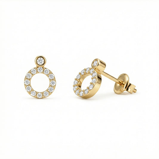 Pavé Circle Stud Earrings in 18K Gold Vermeil with CZ Diamond. No green marks, perfect for daily wear.