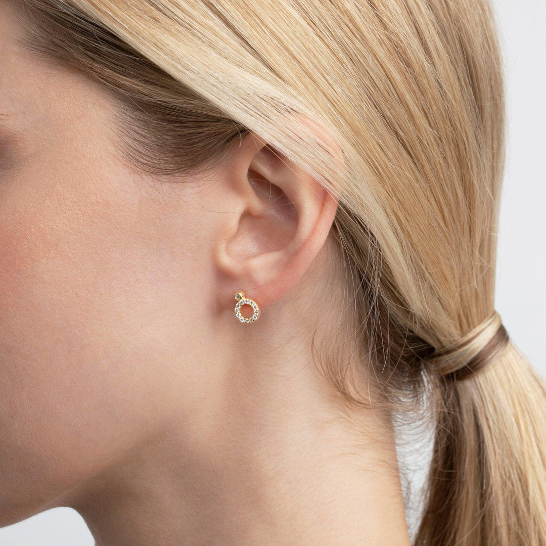 Close detail of the Pavé Circle Stud Earrings in 18K Gold Vermeil with CZ Diamond. Tarnish-resistant, premium handmade.