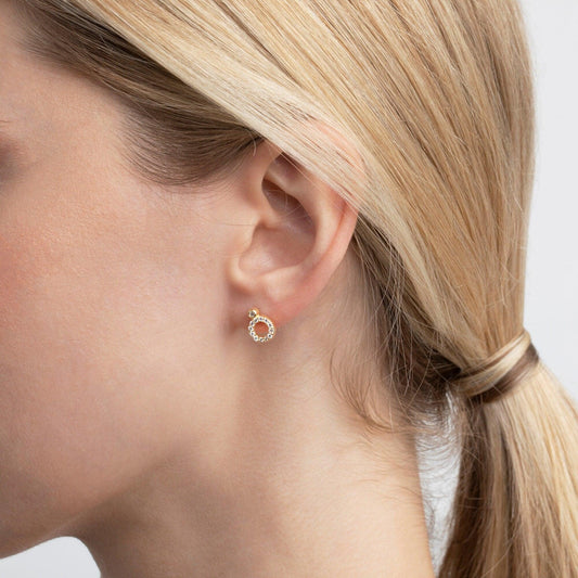Close detail of the Pavé Circle Stud Earrings in 18K Gold Vermeil with CZ Diamond. Tarnish-resistant, premium handmade.