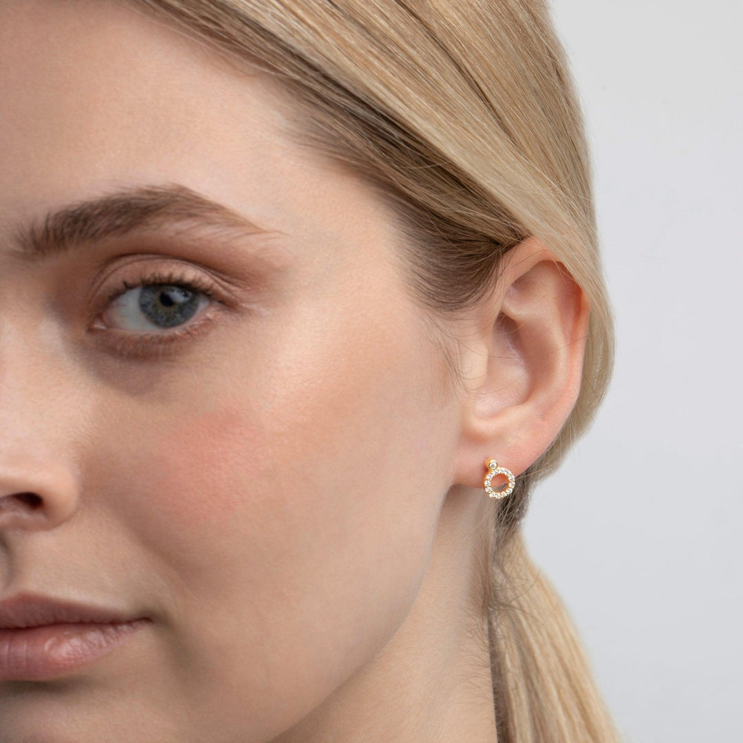 Pavé Circle Stud Earrings in Glamour Jewelry House gift box — 18K Gold Vermeil anniversary gift. No green marks.