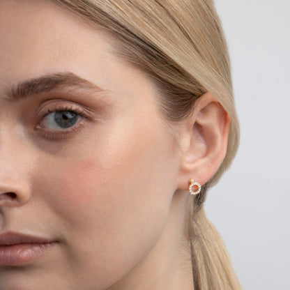 Pavé Circle Stud Earrings in Glamour Jewelry House gift box — 18K Gold Vermeil anniversary gift. No green marks.