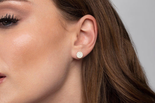 Close detail of the Pavé Diamond Small Stud Earrings in 18K Gold Vermeil with CZ Diamond. Tarnish-resistant, premium.