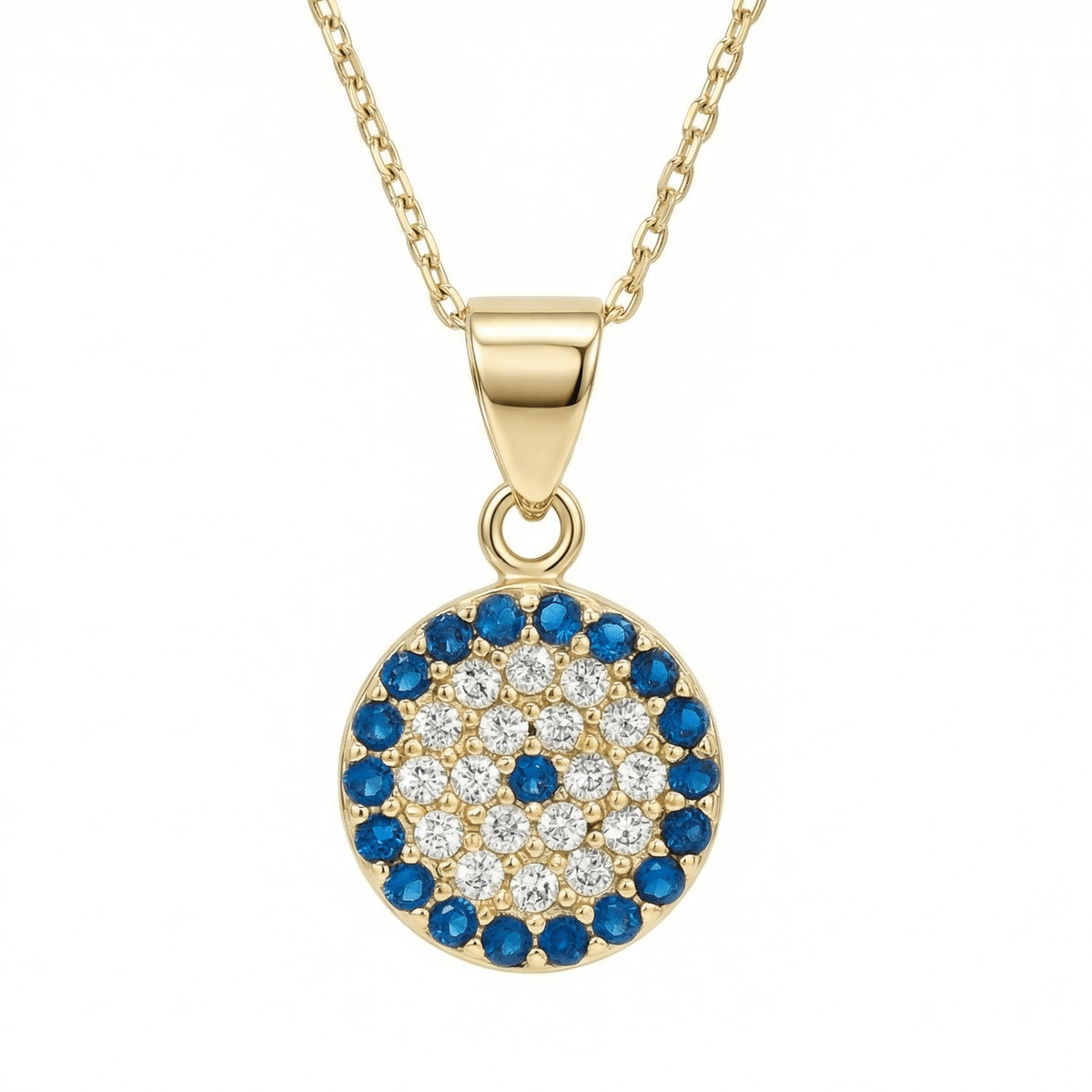 Pavé evil eye necklace in 14K solid gold: a round pendant with a ring of blue CZ around clear CZ and one blue CZ at the center.