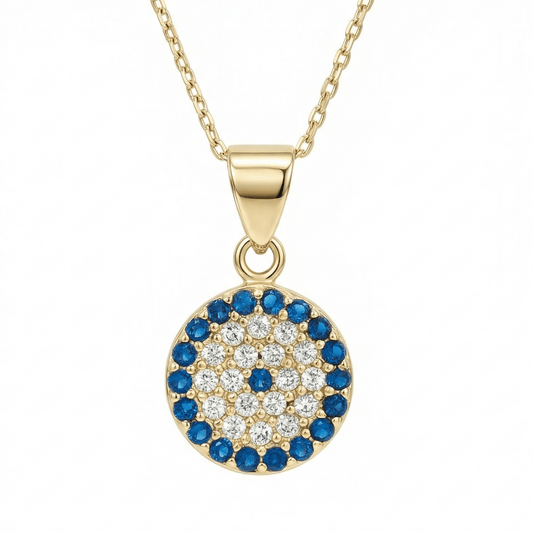 Pavé evil eye necklace in 14K solid gold: a round pendant with a ring of blue CZ around clear CZ and one blue CZ at the center.