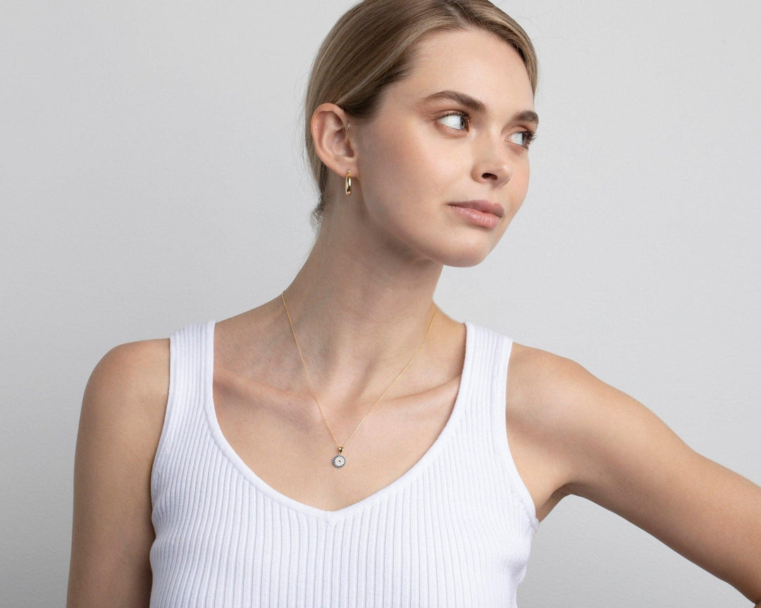 Pavé Evil Eye Necklace as a thoughtful birthday gift in 18K Gold Vermeil with CZ Diamond. Hypoallergenic, no green marks.