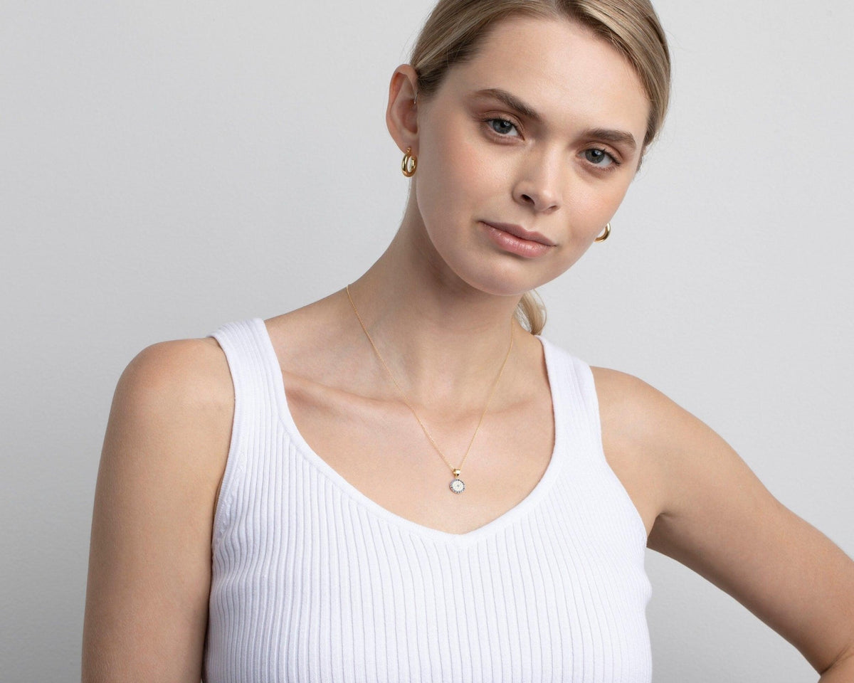 The Pavé Evil Eye Necklace styled in 18K Gold Vermeil — elegant everyday jewelry. Tarnish-resistant.