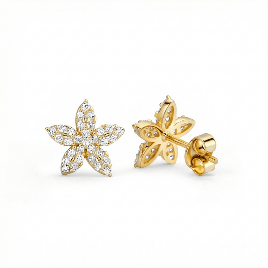 Pavé Flower Stud Earrings in 18K Gold Vermeil with CZ Diamond. No green marks, perfect for daily wear.
