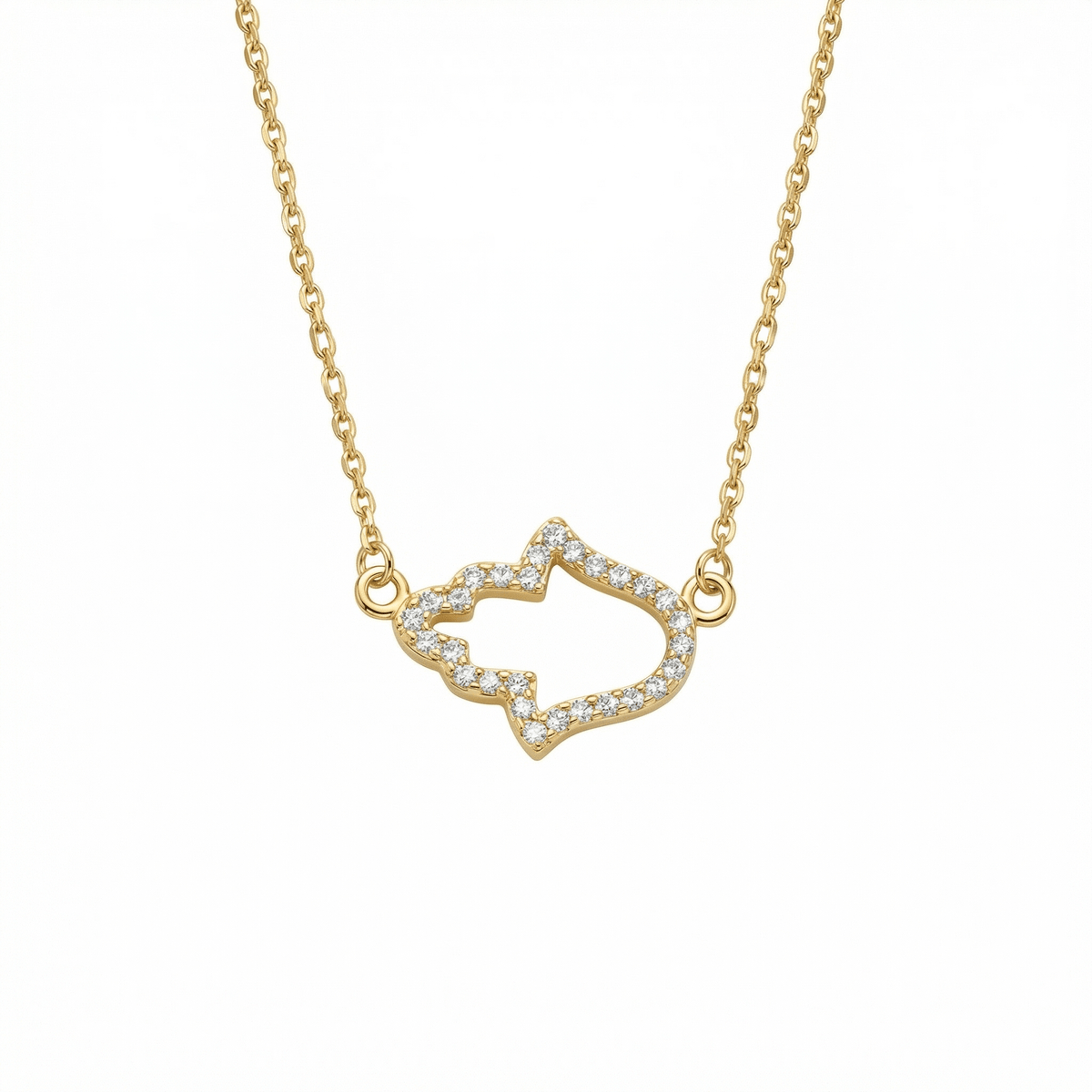 Pavé Hamsa Hand Necklace in 18K Gold Vermeil with CZ Diamond. Tarnish-resistant, perfect for daily wear.