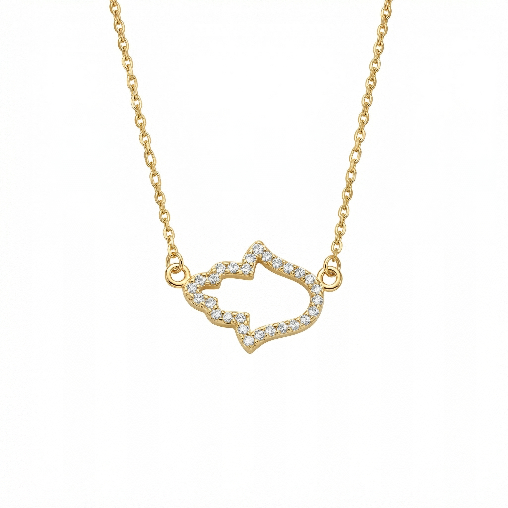 Pavé Hamsa Hand Necklace in 18K Gold Vermeil with CZ Diamond. Tarnish-resistant, perfect for daily wear.