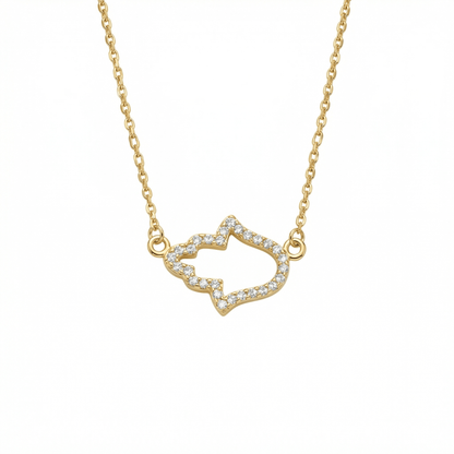 Pavé Hamsa Hand Necklace in 18K Gold Vermeil with CZ Diamond. Tarnish-resistant, perfect for daily wear.