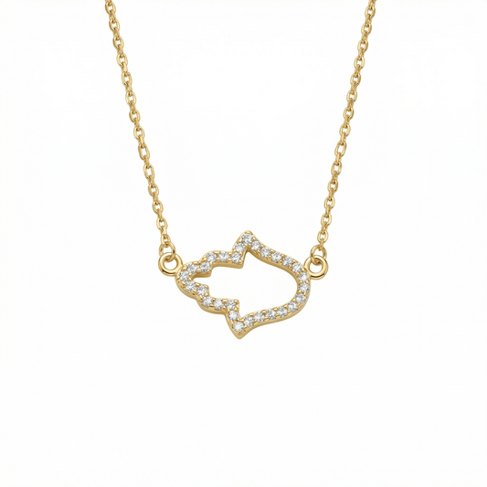 Pavé Hamsa Hand Necklace in 18K Gold Vermeil with CZ Diamond. Tarnish-resistant, perfect for daily wear.