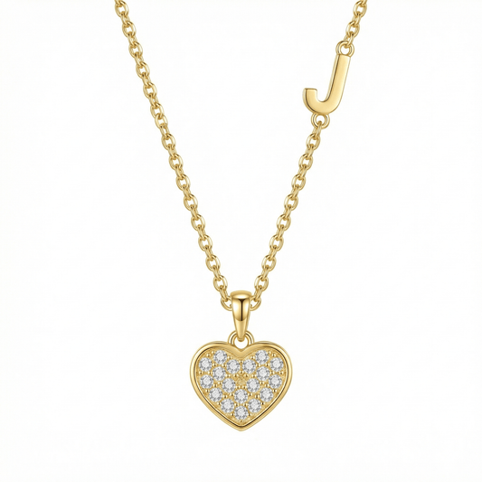 Pavé Heart Initial Necklace in 18K Gold Vermeil with CZ Diamond. Tarnish-resistant, perfect for daily wear.