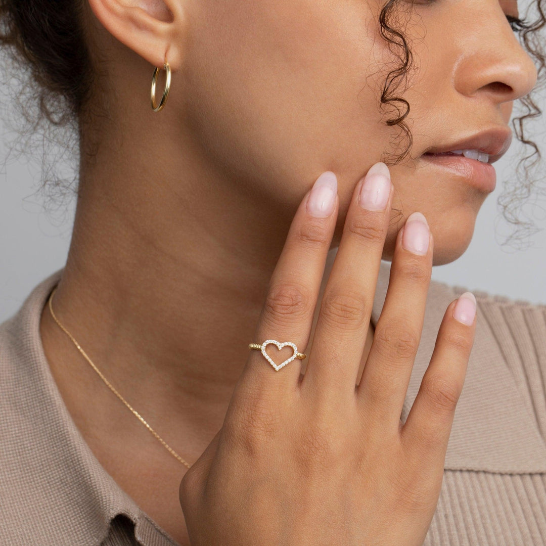 The Pavé Heart Ring styled in 18K Gold Vermeil — elegant everyday jewelry. Tarnish-resistant.