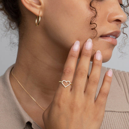 The Pavé Heart Ring styled in 18K Gold Vermeil — elegant everyday jewelry. Tarnish-resistant.