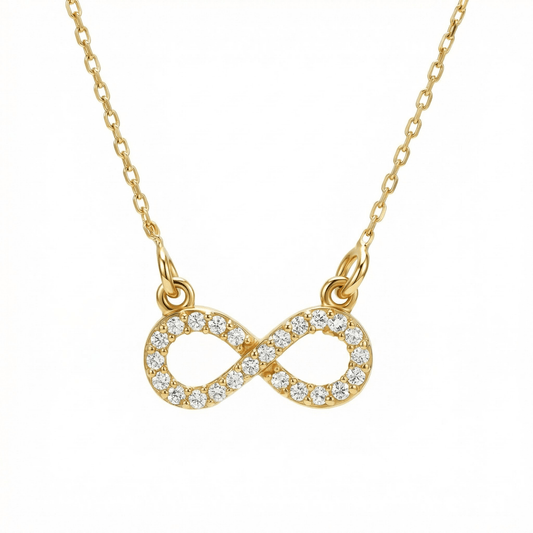 Pavé Infinity Pendant Necklace in 18K Gold Vermeil with CZ Diamond. Tarnish-resistant, perfect for daily wear.
