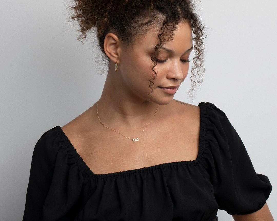 The Pavé Infinity Pendant Necklace as a wedding gift in 18K Gold Vermeil. Safe for sensitive skin, made for keeping.