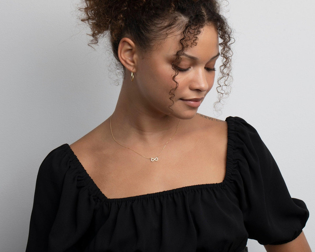 The Pavé Infinity Pendant Necklace as a wedding gift in 18K Gold Vermeil. Safe for sensitive skin, made for keeping.