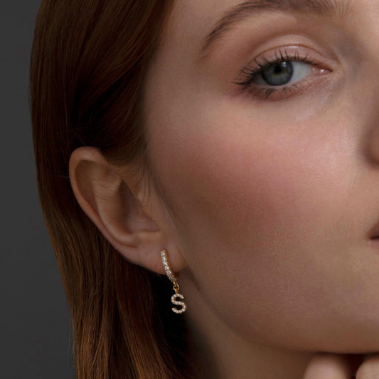 Close detail of the Pavé Initial Letter Earring in 18K Gold Vermeil with CZ Diamond. Tarnish-resistant, premium handmade.