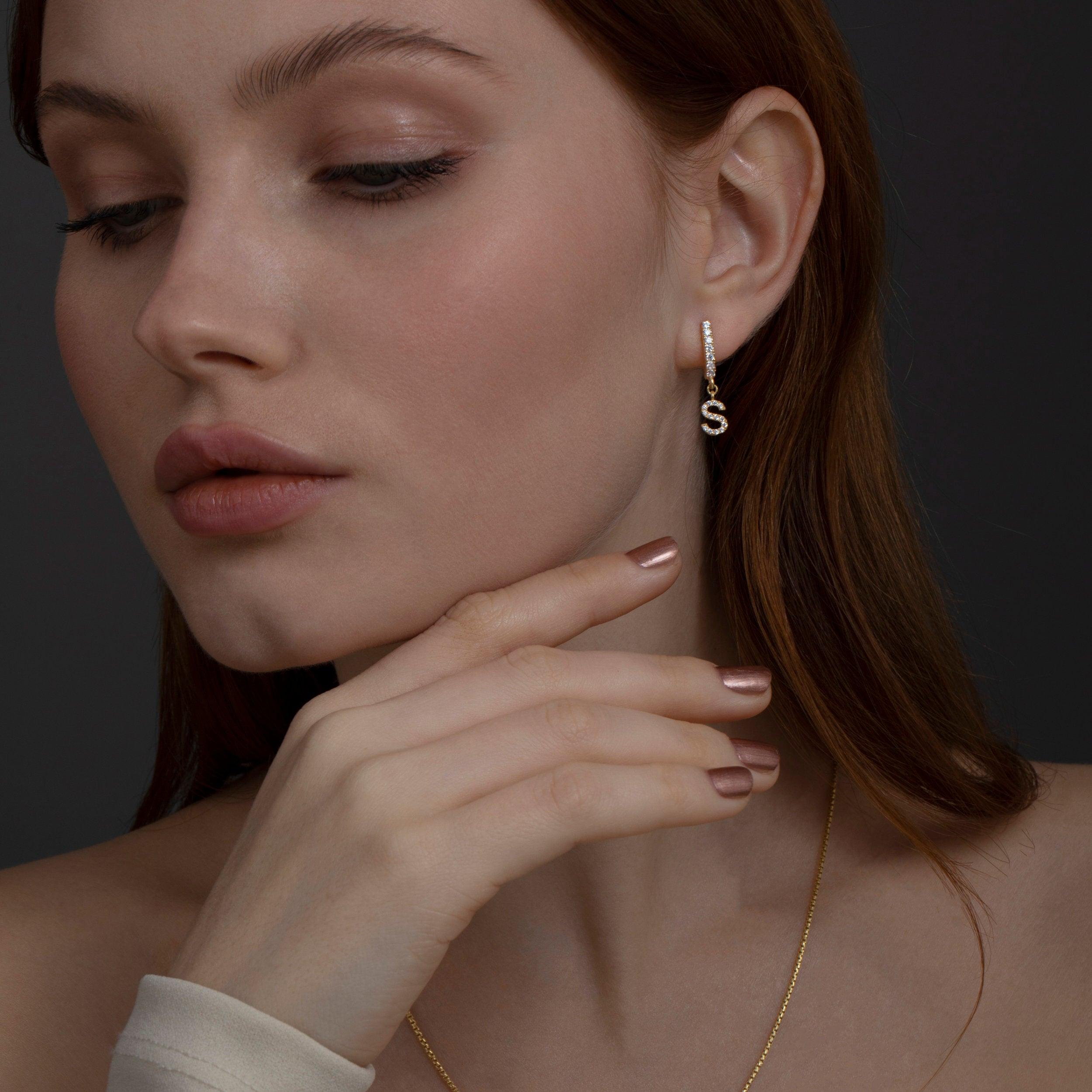 Pavé Initial Letter Earring as a thoughtful birthday gift in 18K Gold Vermeil with CZ Diamond. Hypoallergenic for sensitive.