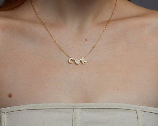 Close detail of the Pavé Initial Necklace in 18K Gold Vermeil with CZ Diamond. Safe for sensitive skin, premium handmade.