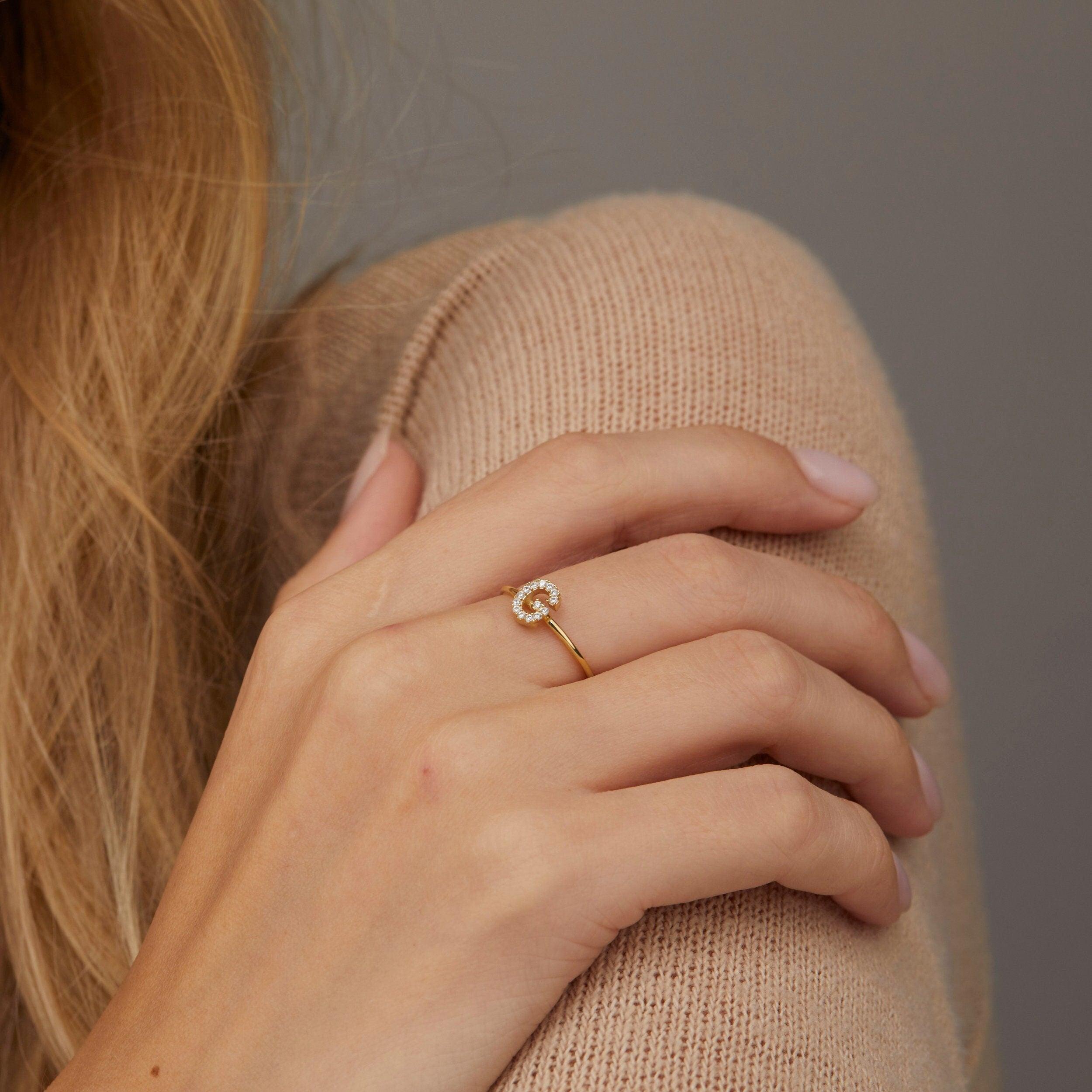 Close detail of the Pavé Initial Ring in 18K Gold Vermeil with CZ Diamond. Hypoallergenic, no green marks, premium handmade.
