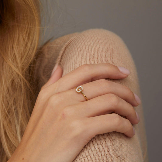 Close detail of the Pavé Initial Ring in 18K Gold Vermeil with CZ Diamond. Hypoallergenic, no green marks, premium handmade.