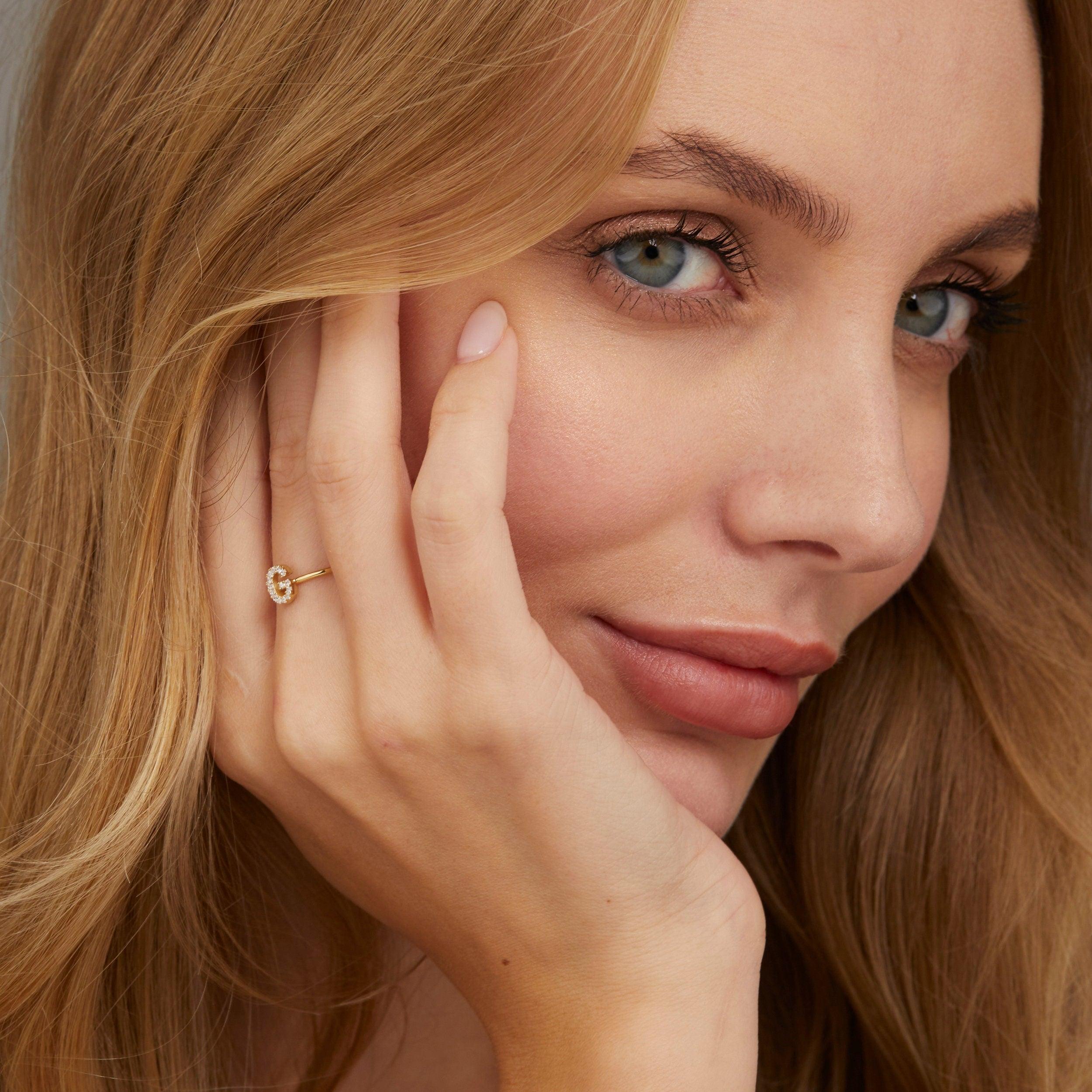 The Pavé Initial Ring styled in 18K Gold Vermeil — elegant everyday jewelry. Tarnish-resistant.