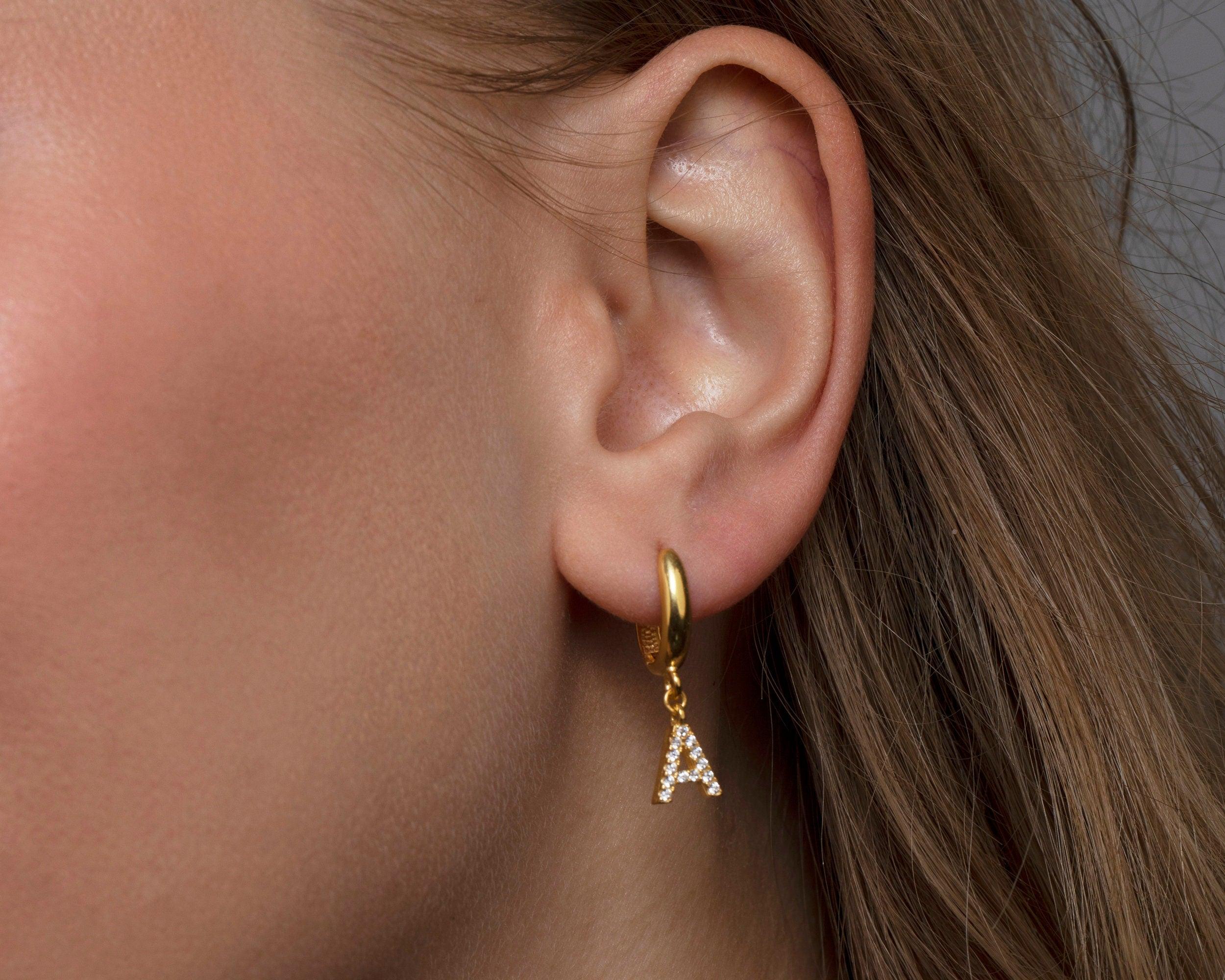 Pavé Initials Letter Earrings as a thoughtful birthday gift in 18K Gold Vermeil with CZ Diamond. Hypoallergenic.