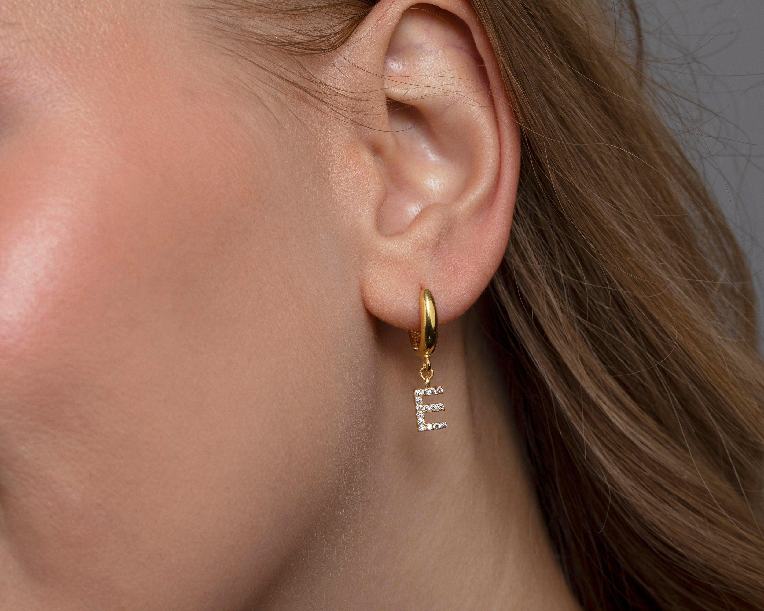 Pavé Initials Letter Earrings styled with complementary pieces in 18K Gold Vermeil. Hypoallergenic for sensitive ears.