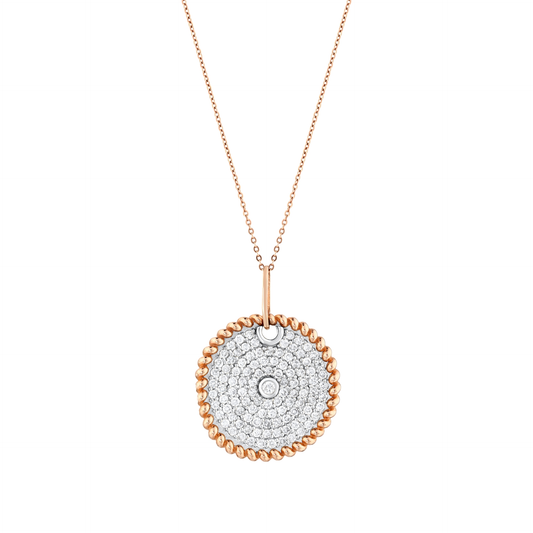 0.72 ct tw natural diamond pavé medallion pendant necklace in 14K rose and white gold, front view