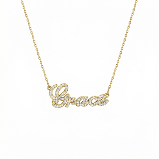 Pavé Name Necklace in 18K Gold Vermeil with CZ Diamond. Tarnish-resistant, perfect for daily wear.