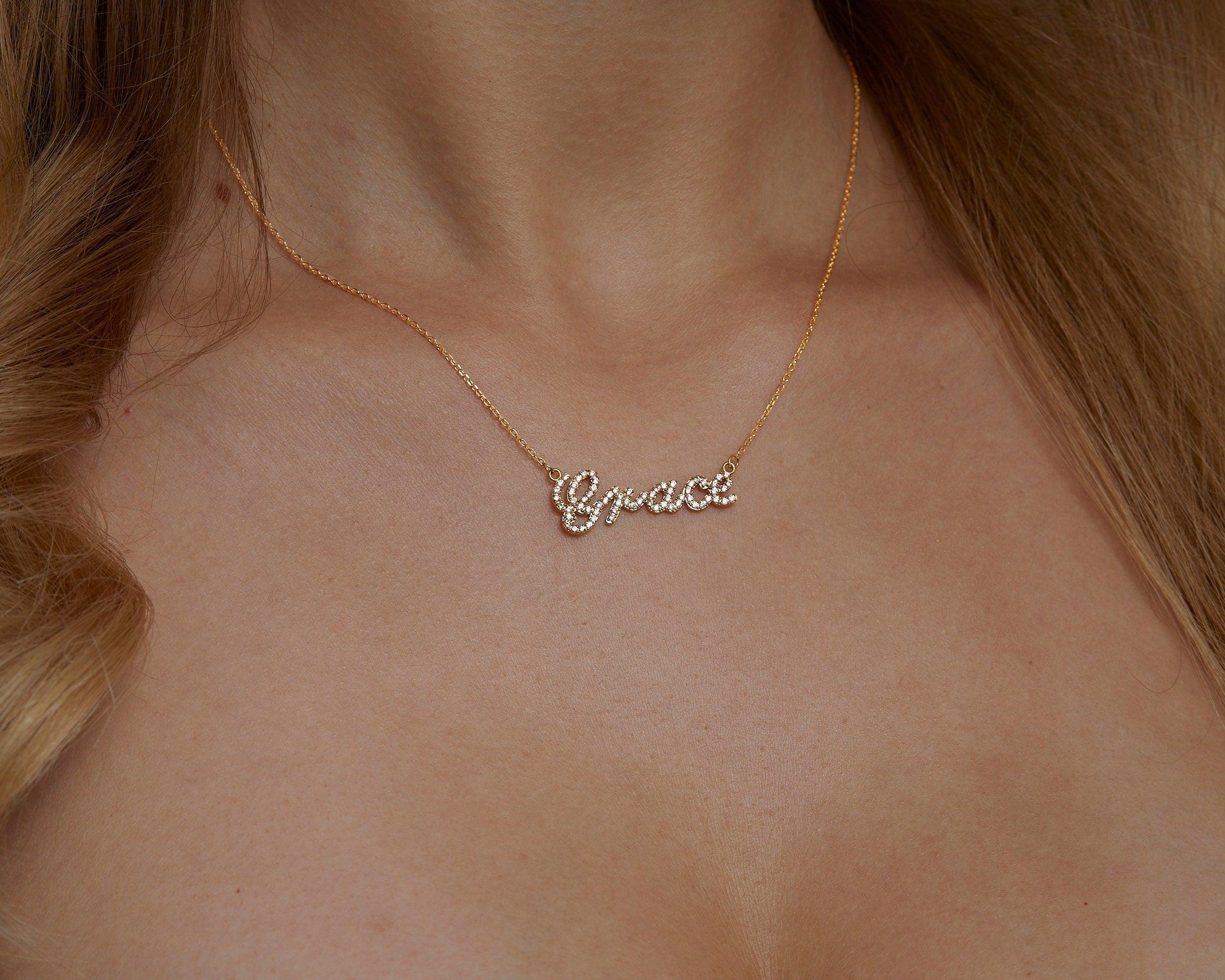 The Pavé Name Necklace styled in 18K Gold Vermeil — elegant everyday jewelry. Hypoallergenic, no green marks.