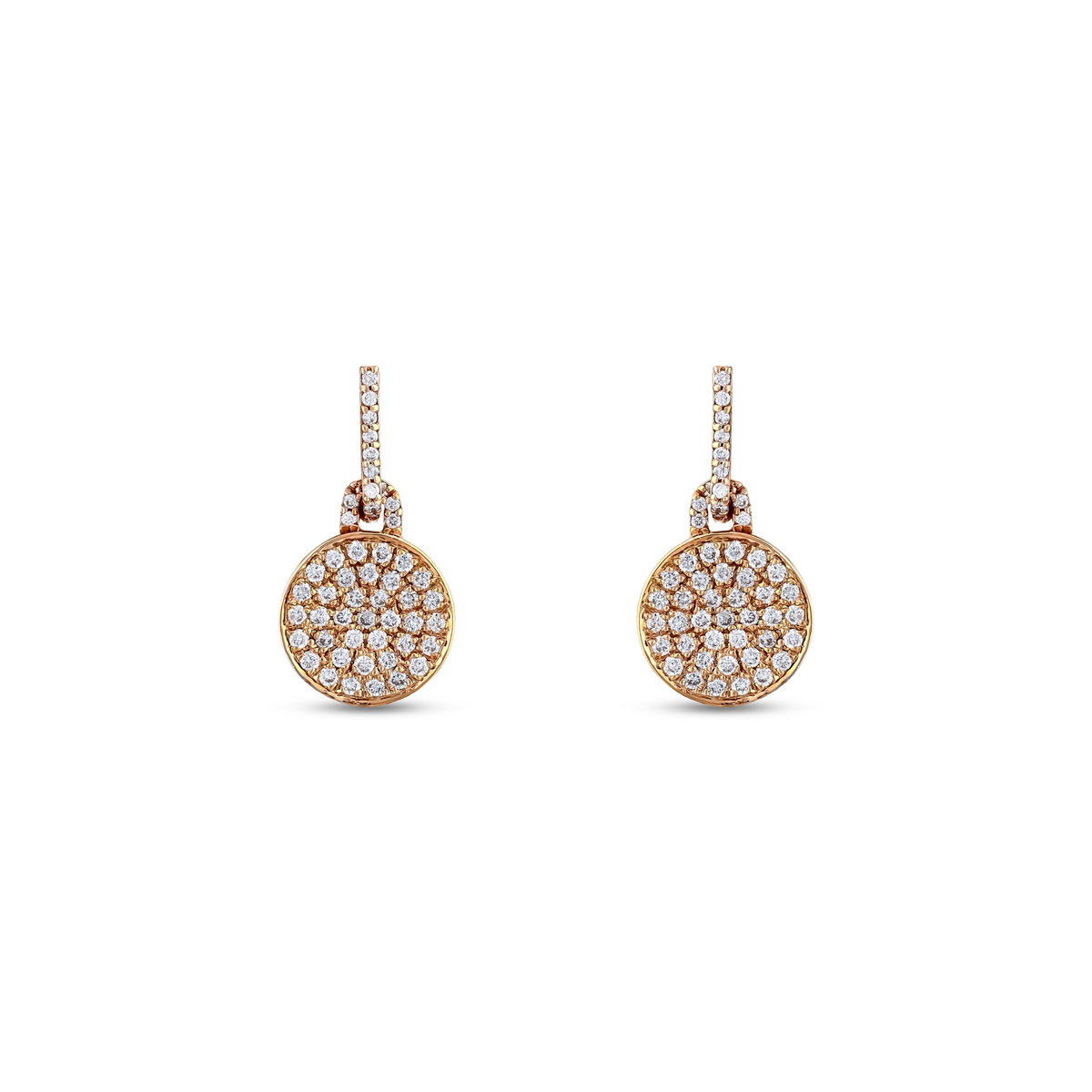 0.72 ct tw natural diamond pavé disc drop earrings in 14K rose gold, pair front view