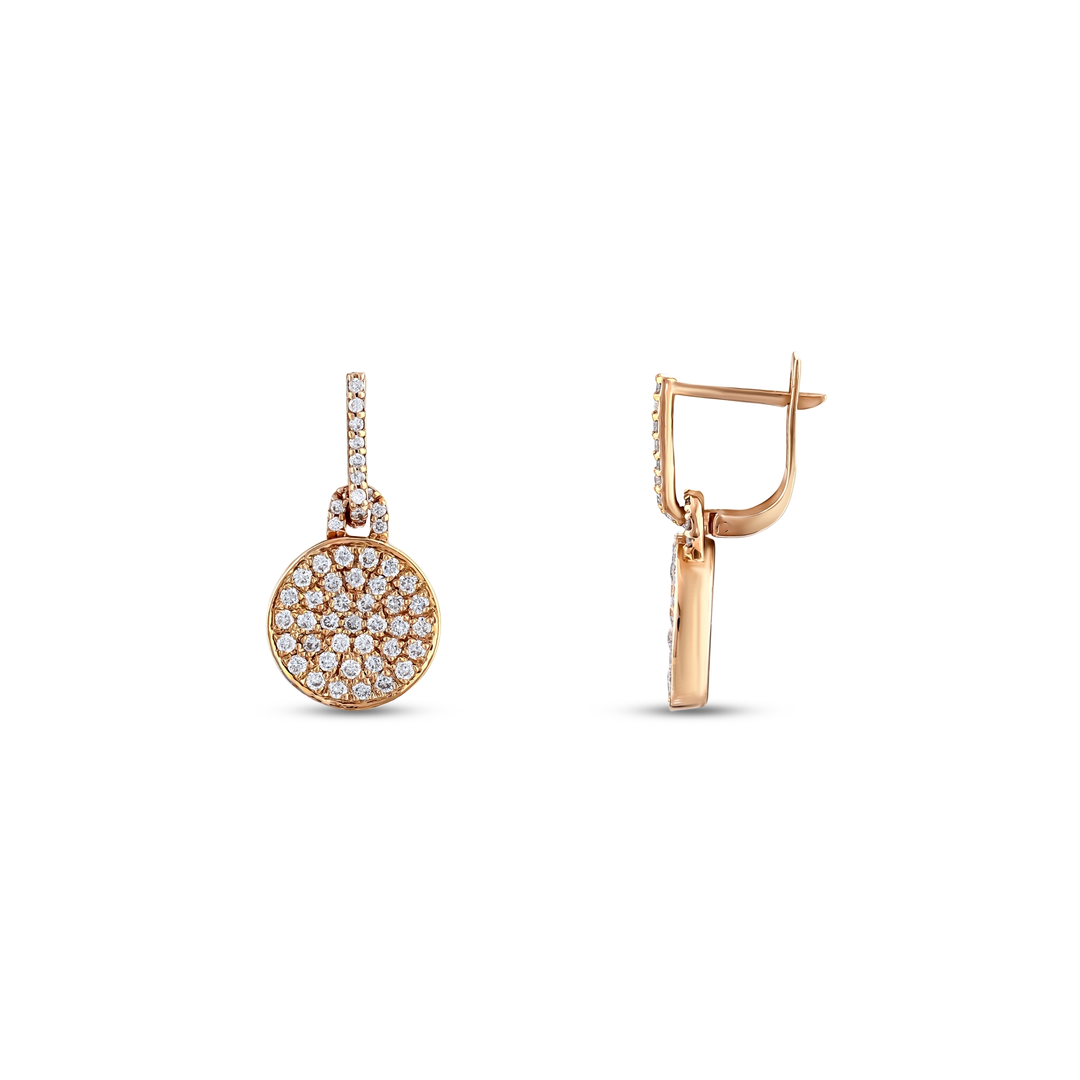 Natural diamond pavé disc drop earring in 14K rose gold, front and side view showing the hinged lever back