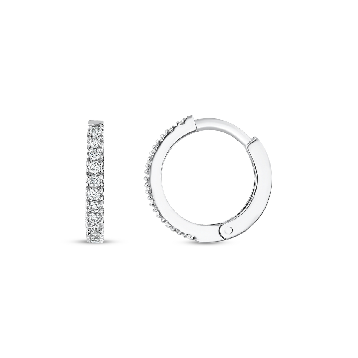 Pavé natural diamond huggie hoop earring in 14K white gold, front face and side view showing the hinge