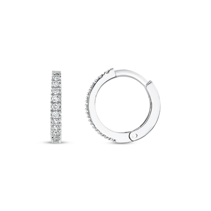 Pavé natural diamond huggie hoop earring in 14K white gold, front face and side view showing the hinge