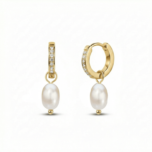 Dainty Pearl Hoop Earrings in Gold-Plated Steel with Freshwater Pearl and CZ Diamond. No green marks, perfect for daily wear.