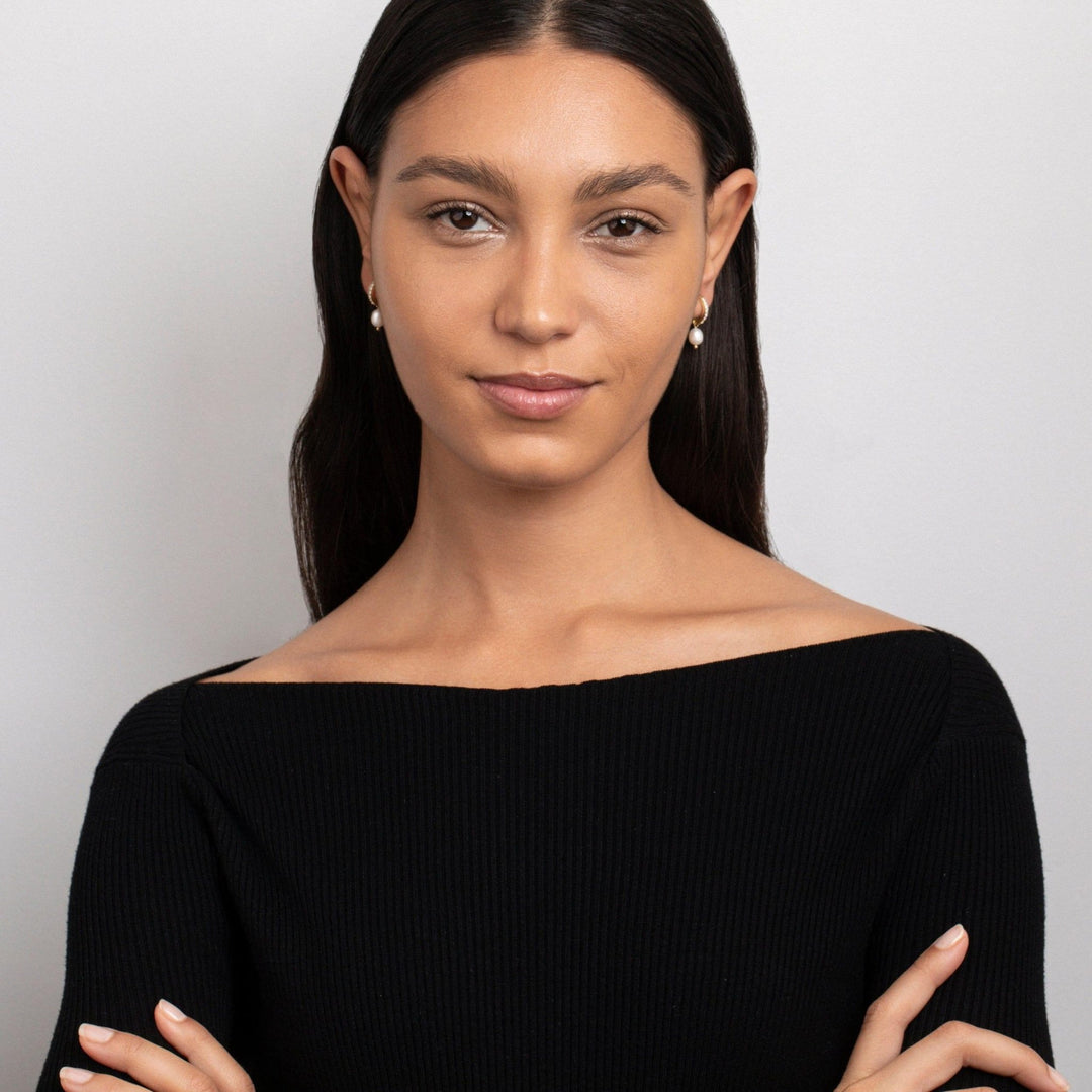 Dainty Pearl Hoop Earrings in Glamour Jewelry House gift box — Gold-Plated Steel anniversary gift. No green marks.